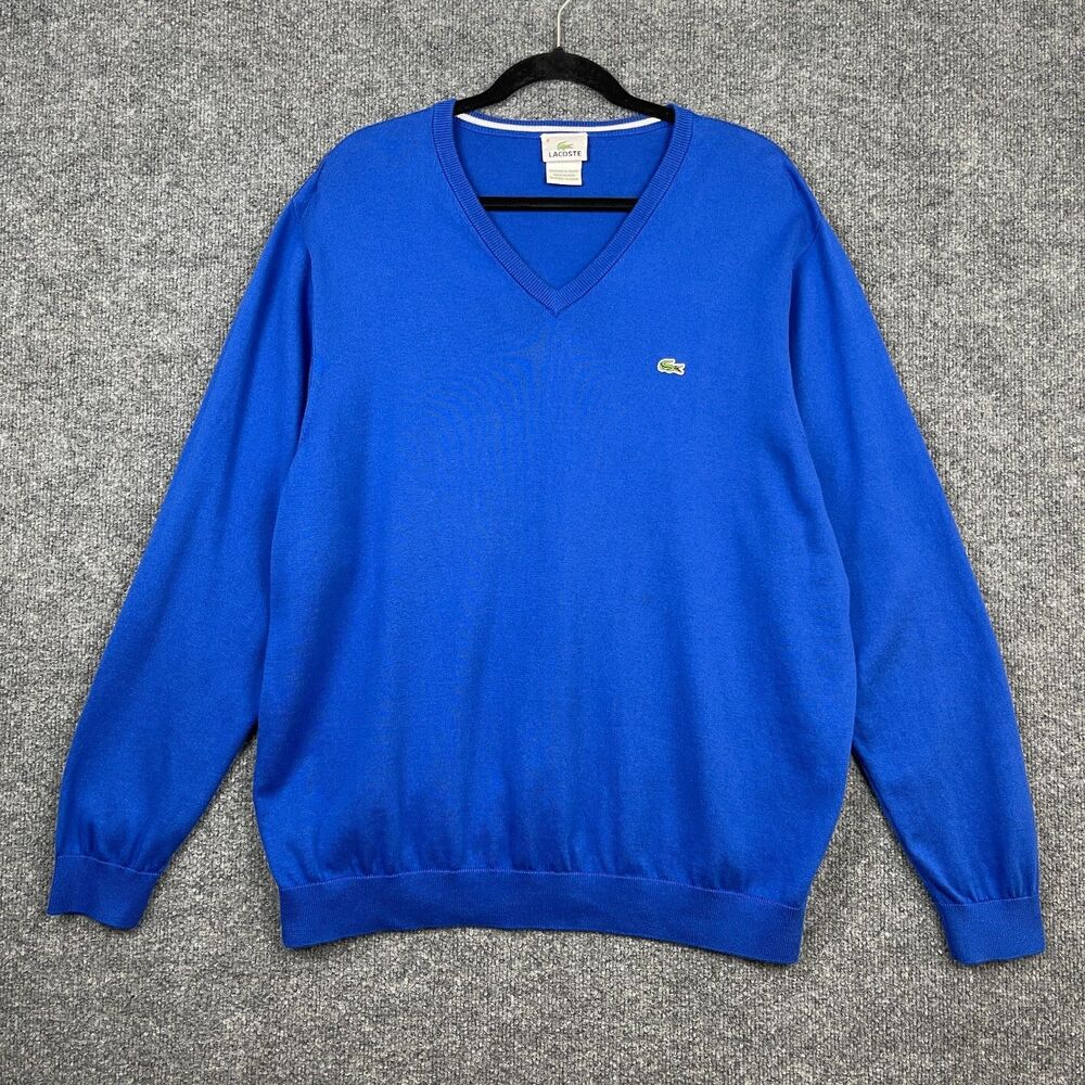 Lacoste Men’s Sweater Size 8 Royal Blue V‑Neck Cotton Pullover Croc Logo Preppy